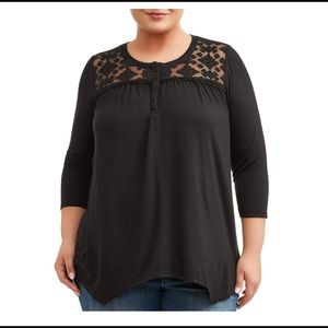 Terra & Sky Sharkbite Lace Yoke Top Black Lace - PLUS SIZE